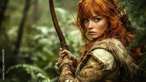 A Fierce Redhead Archer Stands in a Lush Forest, Ready to Aim Her Bow and Arrow, a Symbol of Strength and Protection