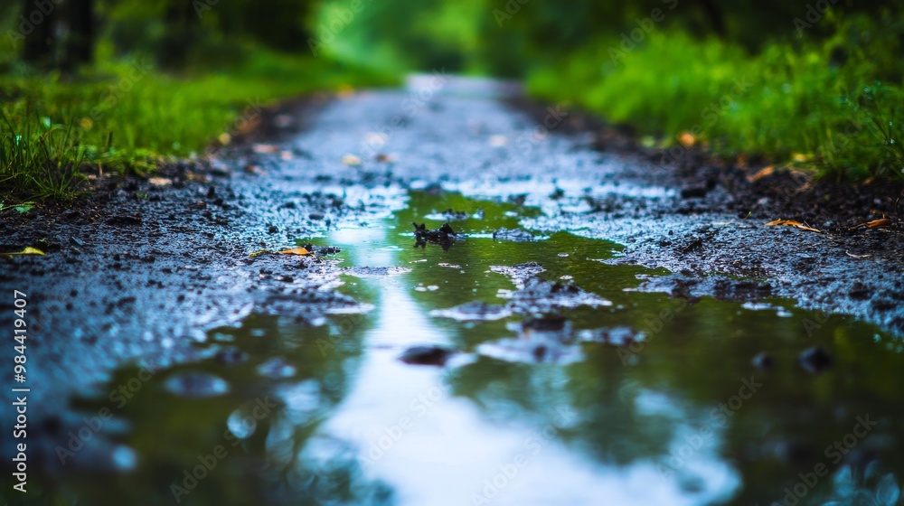 Fototapeta premium The ground was wet with puddles after the morning rain.