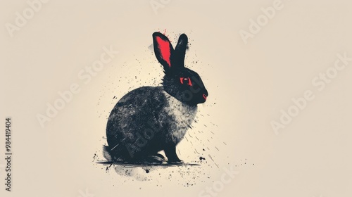 A black and white rabbit with red ears sits on a beige background. photo