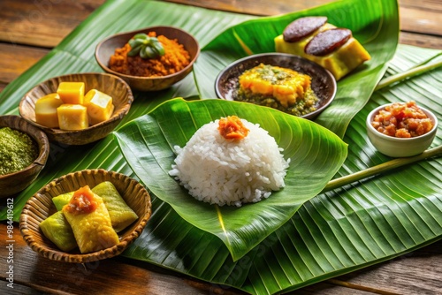 Steaming hot sticky rice cakes fragrant with coconut sweetness, artfully arranged on a tropical banana leaf to evoke the essence of Filipino hospitality and warmth. photo