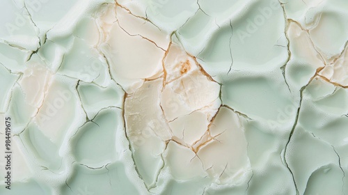 Layer of cracked pastel green paste is peeling, showing the off-white layer underneath and forming an abstract pattern photo