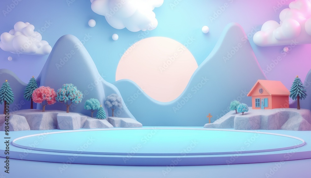 3D render of a blue and purple background with a platform in the center, surrounded by clouds, trees, and mountains, and a small house in the distance. 3D render of a blue and purple background with a platform in the center, surrounded by clouds, trees, and mountains, and a small house in the distance.