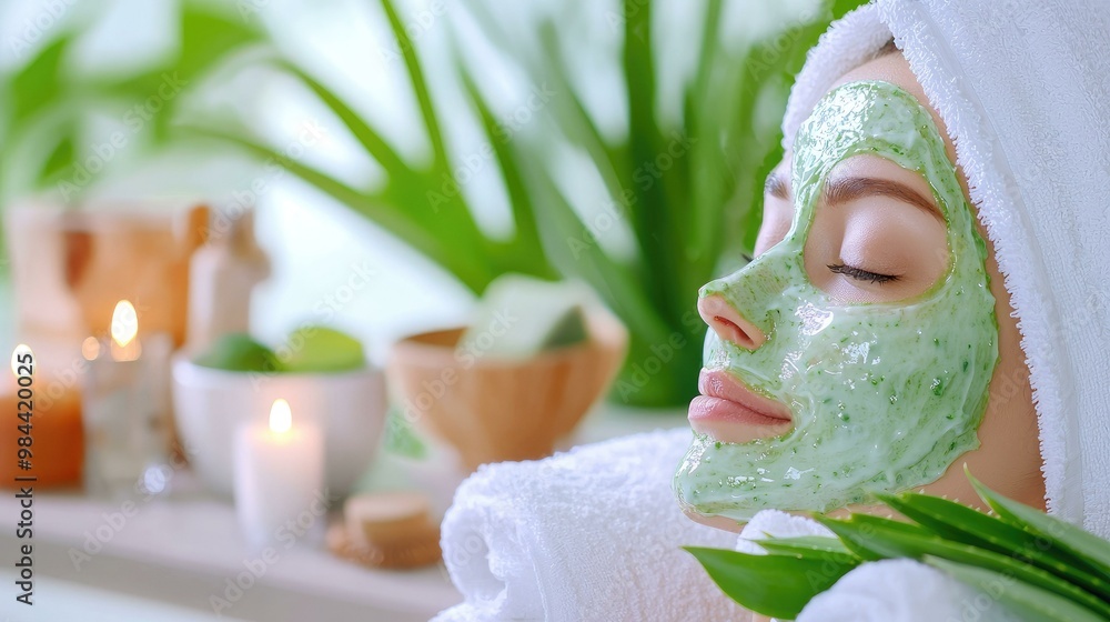 A woman applies an aloe vera face mask in a relaxing spa environment, creating a soothing ambiance that enhances her beauty routine and promotes self-care.