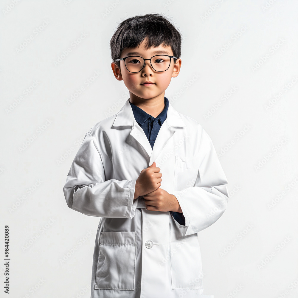 Chinese boy dressed as a scientist holding a lab coat Chinese boy dressed as a scientist holding a lab coat