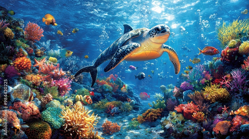 A magical underwater Christmas scene with marine creatures like dolphins and turtles decorating coral reefs with glowing ornaments and seaweed garlands, Santa wearing a diving suit delivering gifts to A magical underwater Christmas scene with marine creatures like dolphins and turtles decorating coral reefs with glowing ornaments and seaweed garlands, Santa wearing a diving suit delivering gifts to