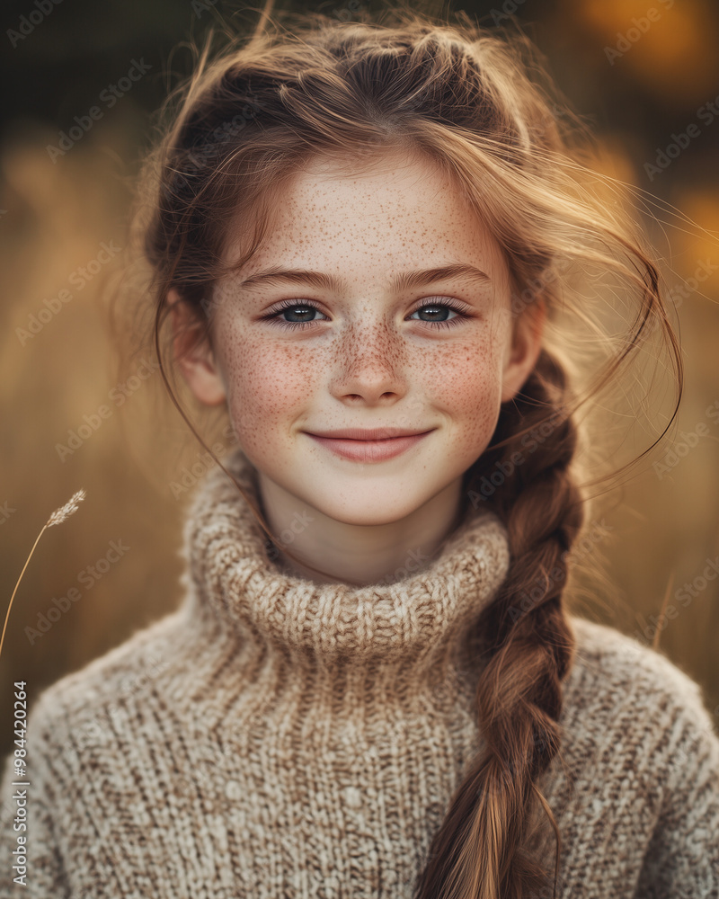 Charming young girl with freckles, braided hair, cozy sweater in autumn field, heartfelt smile, outdoor portrait concept Charming young girl with freckles, braided hair, cozy sweater in autumn field, heartfelt smile, outdoor portrait concept
