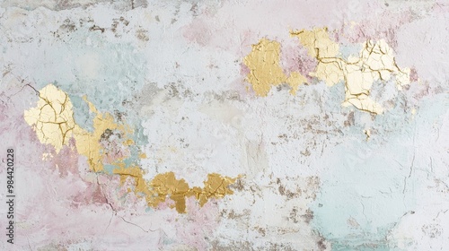 Abstract background texture of a weathered wall featuring pastel pink, blue and white paint with gold showing through the cracks