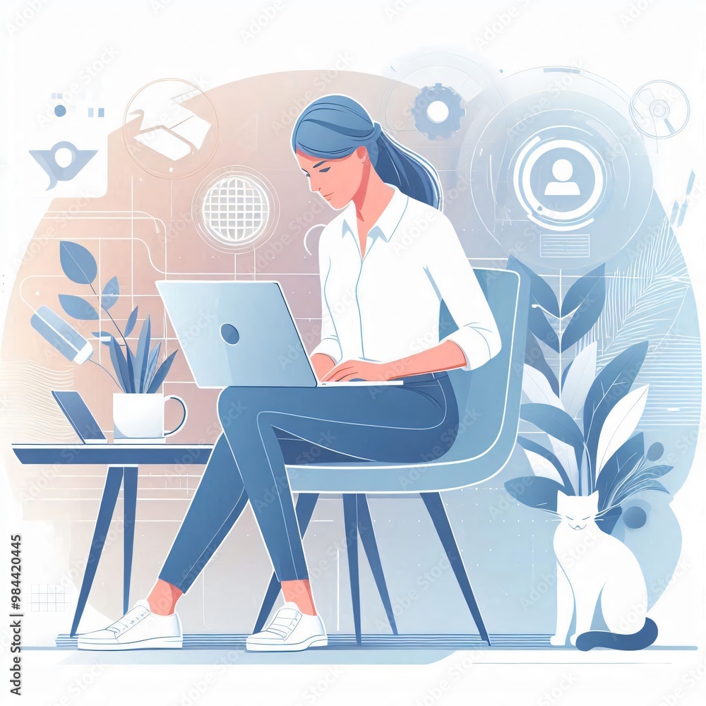 Illustration of a Woman Sitting on Chair and Using Laptop Illustration of a Woman Sitting on Chair and Using Laptop