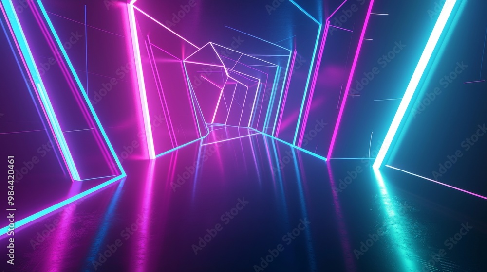 Fototapeta premium Vibrant glowing lines in pink and blue illuminate a dark space creating an abstract background with a sense of depth. Perfect for technology, gaming or music themed projects