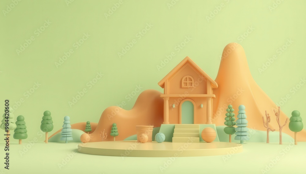 3D render of a house with a platform in front. 3D render of a house with a platform in front.