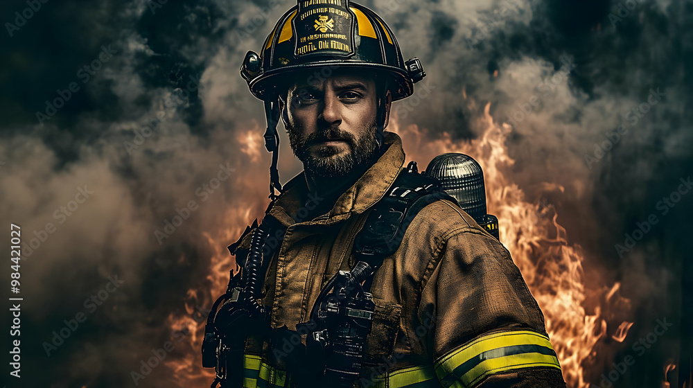 Fototapeta premium A Firefighter Stands Ready in Front of a Fiery Blaze, Smoke Billowing Behind, Demonstrating Courage and Sacrifice in the Face of Danger.