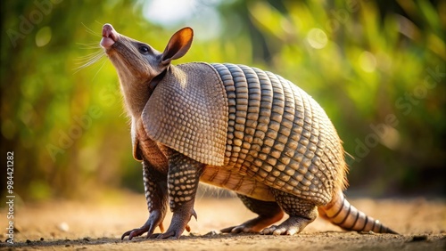 The armadillo raises itself upright, its hind legs supporting its body as it sniffs the air with its long, pointed snout, twitching with curiosity.