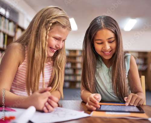 Tablet, girl and friends in library for learning, education or reading info for knowledge. Happy students, child and smile on tech at school for studying, teamwork or watch online course together