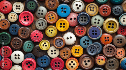 A vibrant collection of assorted buttons in various colors and sizes, perfect for crafting and sewing enthusiasts. photo