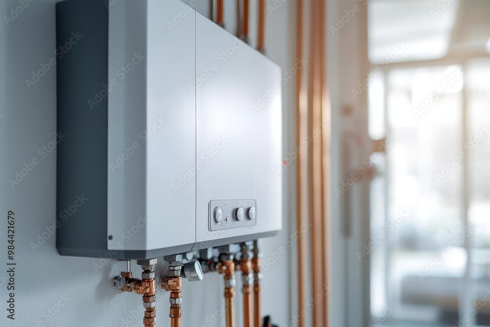 A sleek and modern tankless water heater is elegantly mounted on the wall, seamlessly connected to copper pipes in a clean, wellorganized, and tidy basement utility room, showcasing efficiency A sleek and modern tankless water heater is elegantly mounted on the wall, seamlessly connected to copper pipes in a clean, wellorganized, and tidy basement utility room, showcasing efficiency