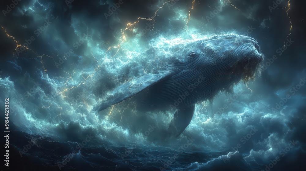 a colossal ghostly white whale emerging from a stormy sea against a dramatic night sky its massive form is illuminated by flashes of lightning creating an ethereal and haunting atmosphere a colossal ghostly white whale emerging from a stormy sea against a dramatic night sky its massive form is illuminated by flashes of lightning creating an ethereal and haunting atmosphere