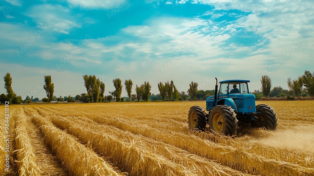 Obraz premium A blue tractor drives through a harvested field with straw in the summer.