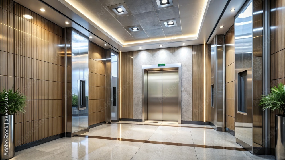 Obraz premium The elevator doors slide open to unveil a generous living space with high ceilings and a modern floor indicator display, inviting exploration.