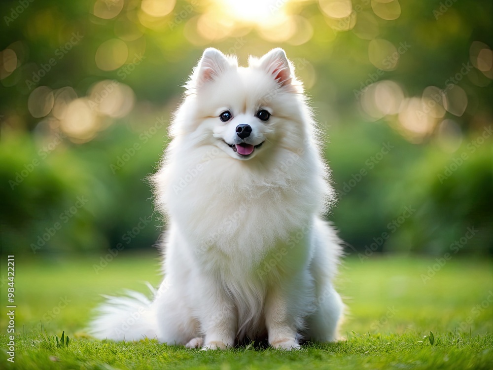 The fluffy white Pomeranian sits proudly on the lush green lawn, its dignified posture unwavering against the soft, blurred background. The fluffy white Pomeranian sits proudly on the lush green lawn, its dignified posture unwavering against the soft, blurred background.