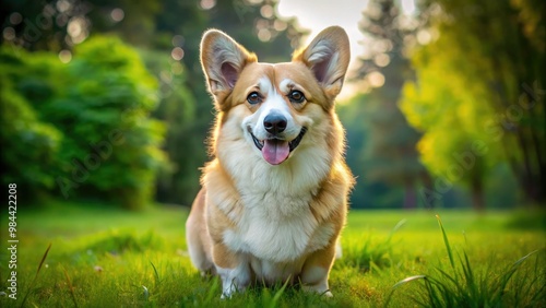 The Fluffy Welsh Corgi stands tranquilly on the lush green grass, its big, round eyes wide with wonder and curiosity.