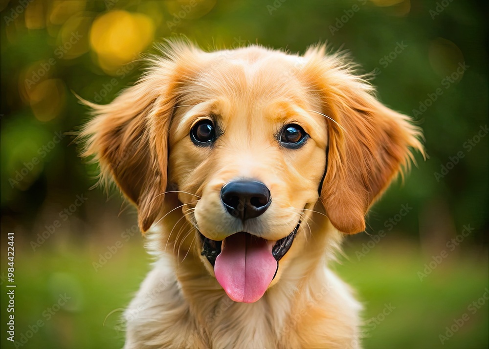 The golden retriever terrier mix puppy looks directly at the camera with its tongue out, its adorable face full of curiosity and a hint of mischief in its round eyes. The golden retriever terrier mix puppy looks directly at the camera with its tongue out, its adorable face full of curiosity and a hint of mischief in its round eyes.