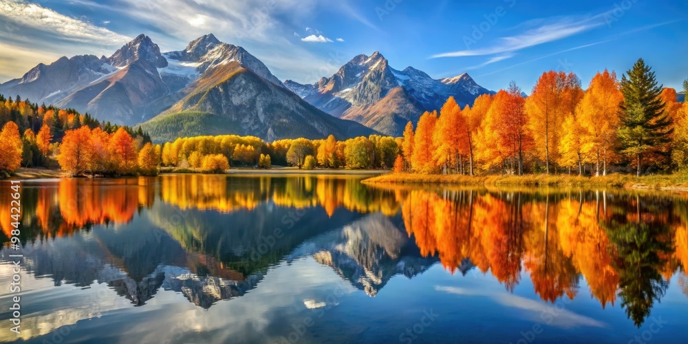 Obraz premium The lake's glassy surface mirrors the vibrant autumn hues and majestic mountain peaks, creating a tranquil atmosphere where worries fade away.