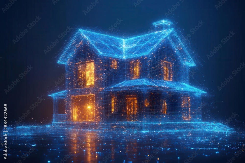 a luminous lowpoly 3d render of a house dissolving into floating polygons against a deep blue backdrop symbolizing the digital transformation of real estate and architecture a luminous lowpoly 3d render of a house dissolving into floating polygons against a deep blue backdrop symbolizing the digital transformation of real estate and architecture
