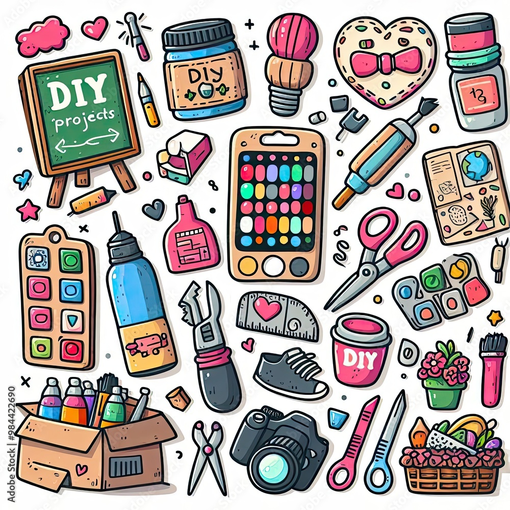 DIY Projects stickers set. DIY Projects concept. Set of DIY Projects objects isolated on white. Hand drawn flat illustration.. art in manga style. illustration styled Decorative background DIY Projects stickers set. DIY Projects concept. Set of DIY Projects objects isolated on white. Hand drawn flat illustration.. art in manga style. illustration styled Decorative background