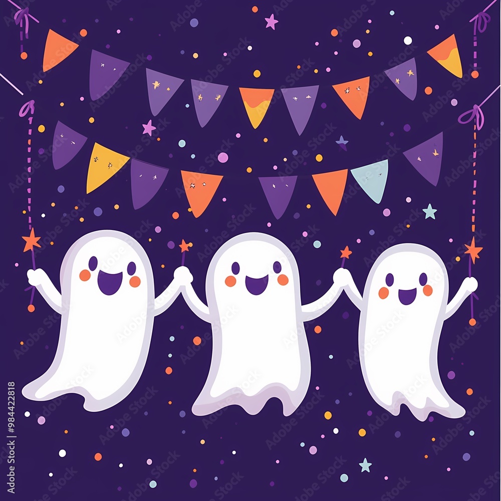 Happy Ghosts Celebration - Spooky Halloween Banner with Cheerful Spirits, Garlands, Confetti, and Stars Happy Ghosts Celebration - Spooky Halloween Banner with Cheerful Spirits, Garlands, Confetti, and Stars