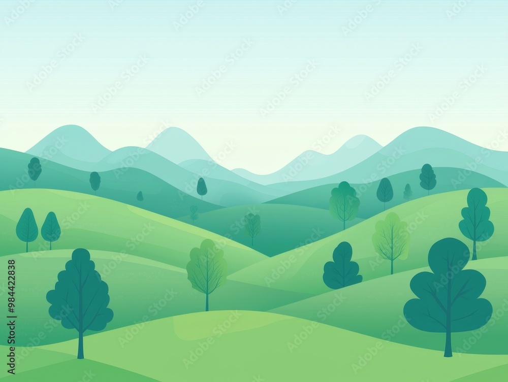 Fototapeta premium Picturesque Scenic Landscape With Rolling Green Hills And Mountains In The Background