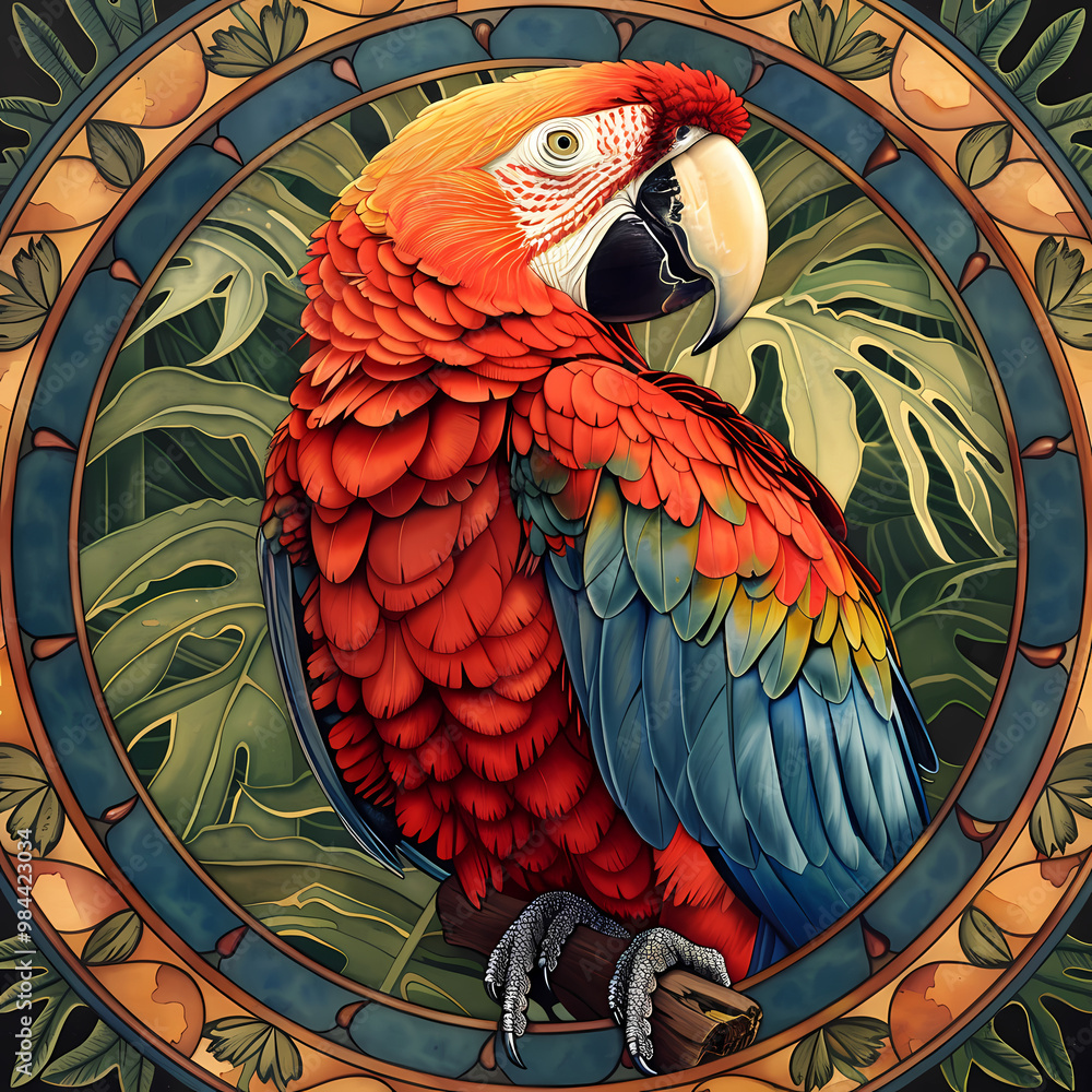 Fototapeta premium Art nouveau artistic image of Scarlet Macaw in a round shape