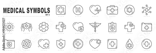 Set of medical symbols related line icons. Cross, hospital, caduceus, aid etc. Editable stroke