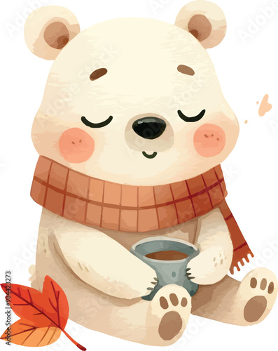 cute bear watercolor illustration. cartoon bear with a mug of tea 