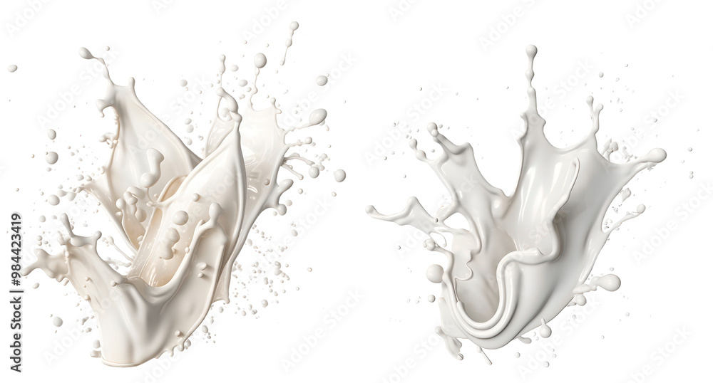 Set of Milk Splashes, isolated on transparent background, realistic illustration, generative ai Set of Milk Splashes, isolated on transparent background, realistic illustration, generative ai