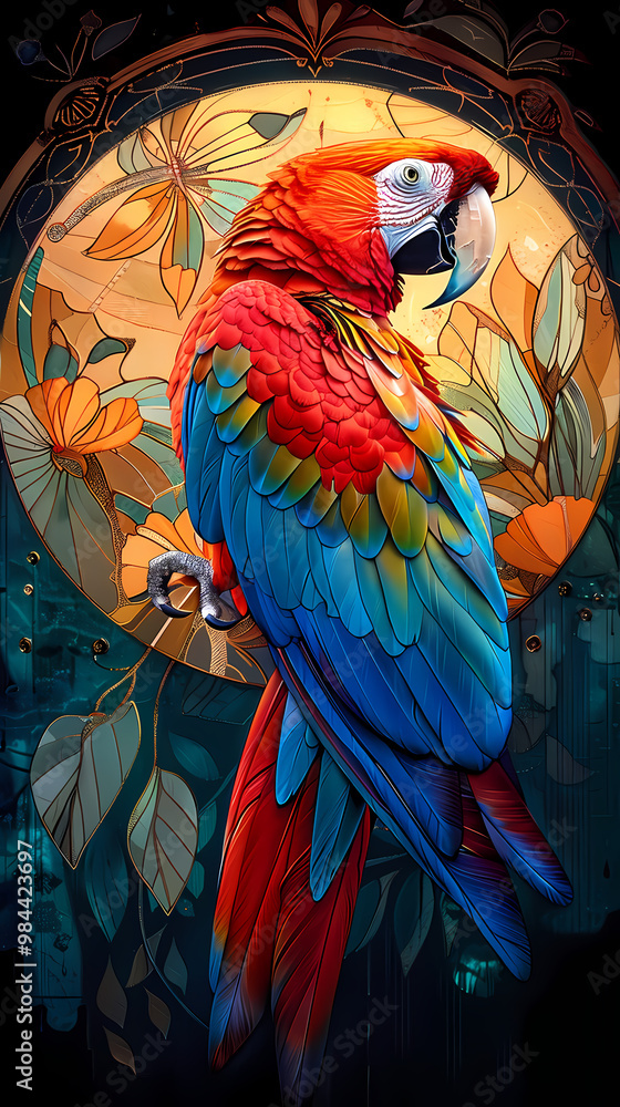 Fototapeta premium Art nouveau artistic image of Scarlet Macaw in a round shape
