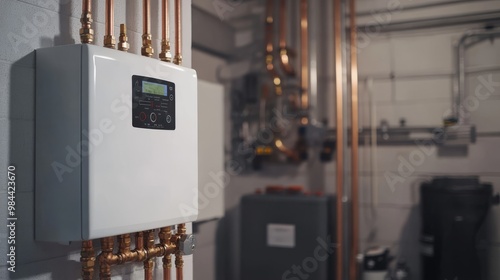 A sleek, efficient tankless water heater is mounted on the wall, connected to organized copper pipes in a tidy basement utility room, showcasing advanced modern installation techniques photo