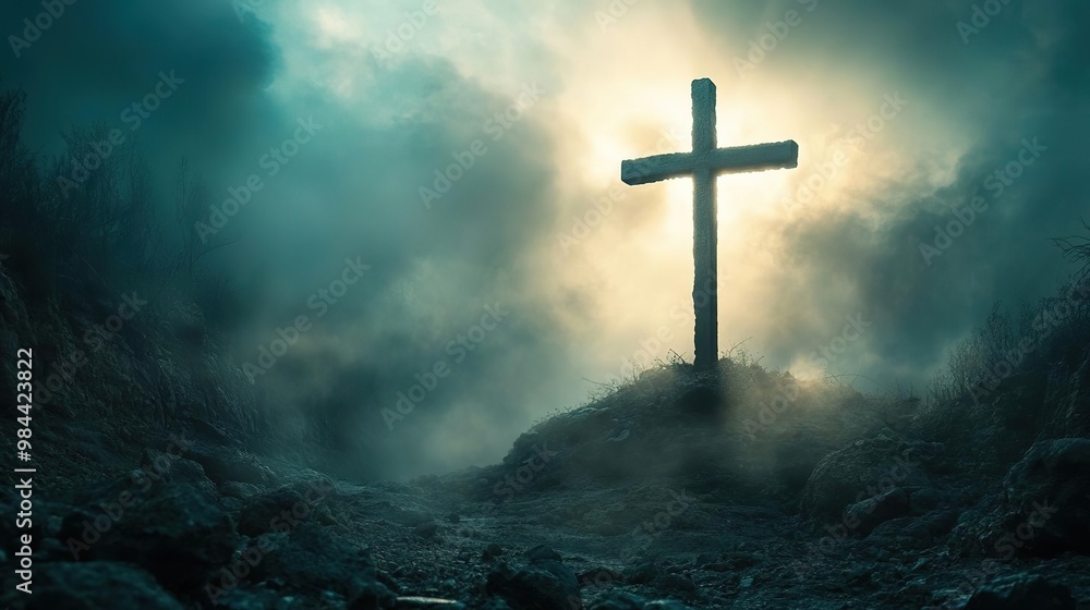 A striking silhouette of a cross emerging from the mist, symbolizing hope, faith, and spirituality in a dramatic landscape. A striking silhouette of a cross emerging from the mist, symbolizing hope, faith, and spirituality in a dramatic landscape.