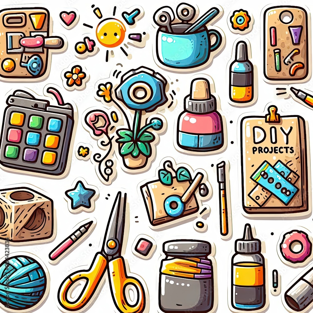 DIY Projects stickers set. DIY Projects concept. Set of DIY Projects objects isolated on white. Hand drawn flat illustration.. art in manga style. illustration styled Decorative background DIY Projects stickers set. DIY Projects concept. Set of DIY Projects objects isolated on white. Hand drawn flat illustration.. art in manga style. illustration styled Decorative background
