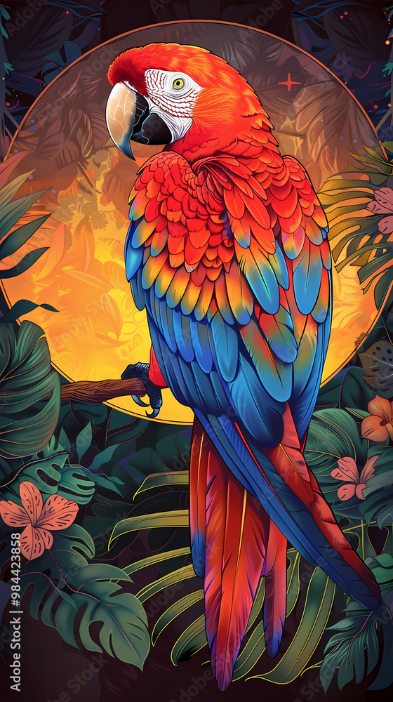 Obraz premium Art nouveau artistic image of Scarlet Macaw in a round shape