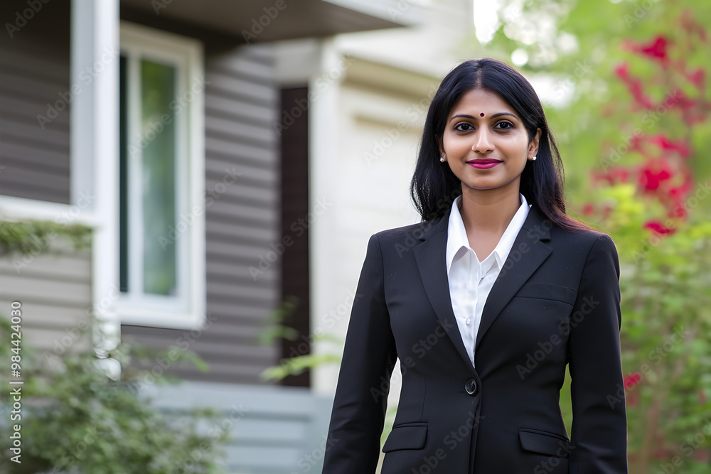 Hindu Woman in Suit, Real Estate House Background, Professional Portrait Hindu Woman in Suit, Real Estate House Background, Professional Portrait