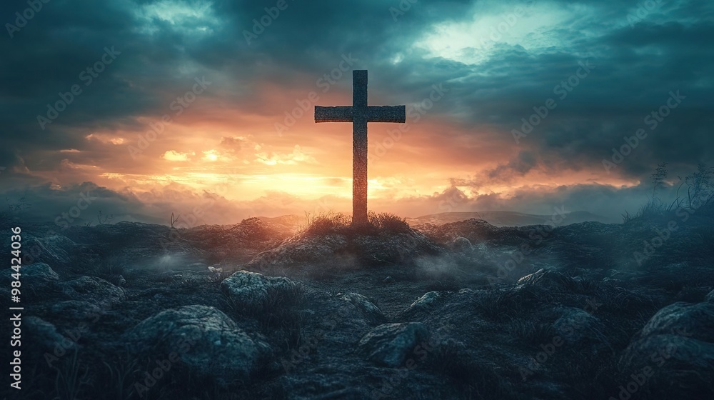 A serene landscape depicting a cross at sunrise, symbolizing hope and faith in a dramatic sky filled with clouds. A serene landscape depicting a cross at sunrise, symbolizing hope and faith in a dramatic sky filled with clouds.