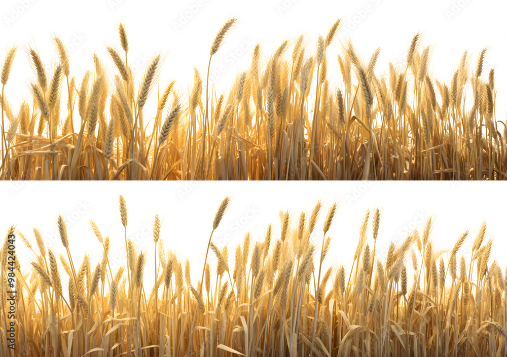 Fototapeta premium Set of Wheat Ears on the Wheat Field, isolated on transparent background, agriculture concept, horizontal banner design, realistic design illustration, generative ai