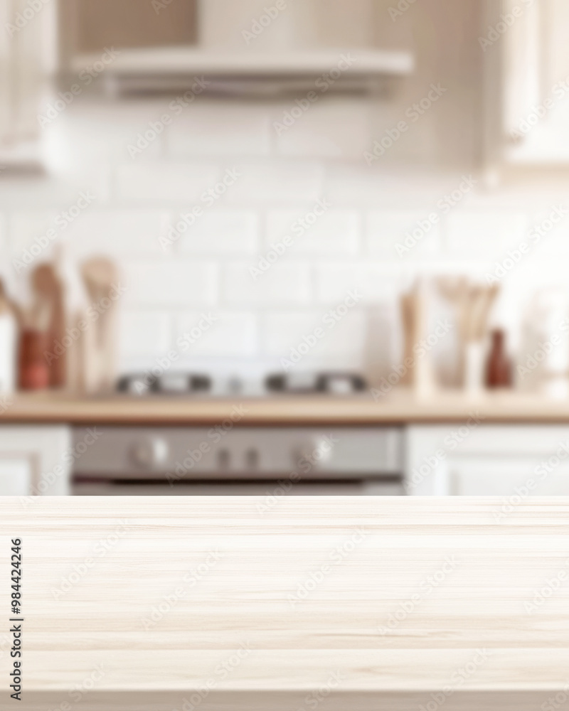 kitchen countertop with light wood cabinets in the background, close-up of empty space for product display kitchen countertop with light wood cabinets in the background, close-up of empty space for product display