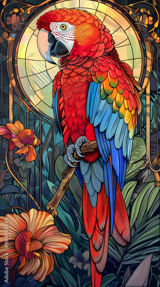 Obraz premium Art nouveau artistic image of Scarlet Macaw in a round shape