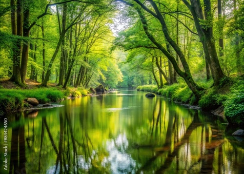 The tranquil brook meanders lazily through a lush forest canopy, casting shimmering silver reflections on the still water's surface, a serene haven for weary souls.