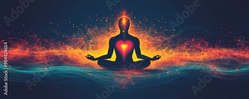 Mind and heart connection concept in meditation. A serene figure meditating with a glowing heart, surrounded by vibrant colors and energy waves, symbolizing peace and harmony.