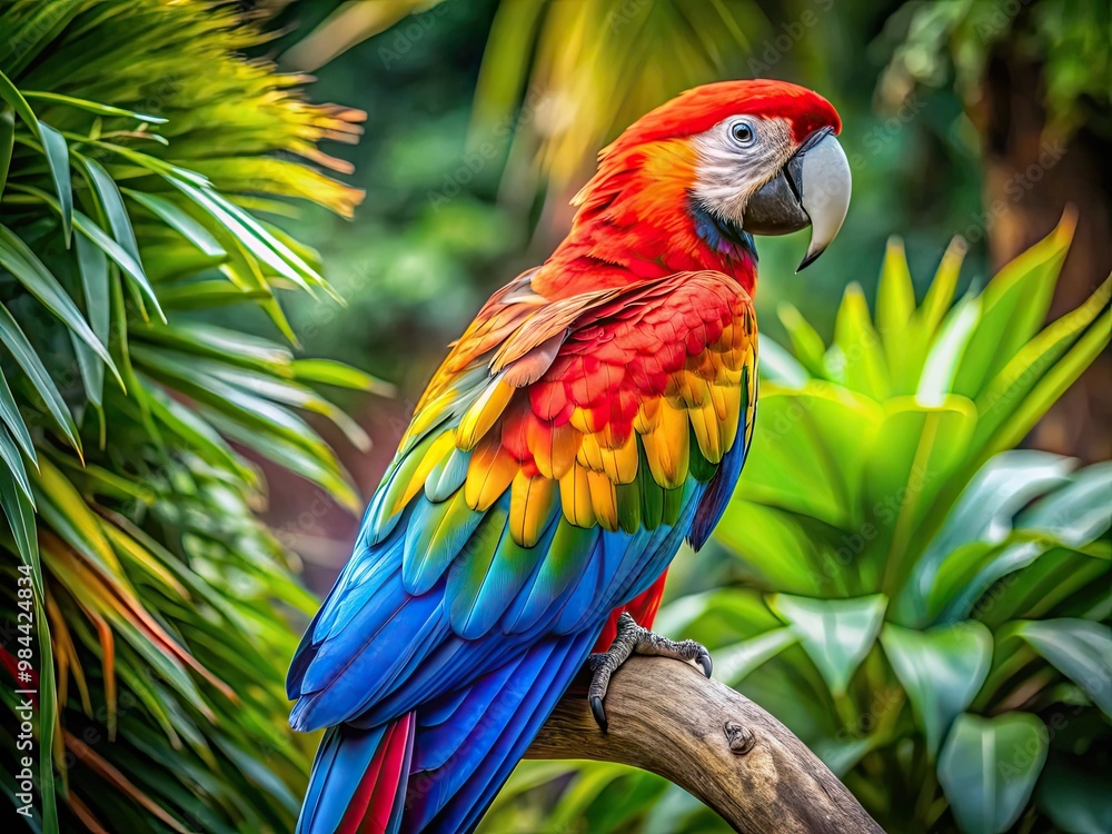 Obraz premium The vibrant plumage of a macaw parrot stood out against the lush tropical foliage of the branch it perched upon, its feathers glowing with iridescent colors.
