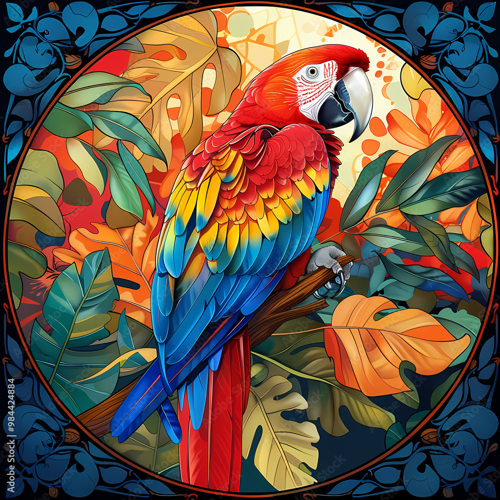 Fototapeta premium Art nouveau artistic image of Scarlet Macaw in a round shape