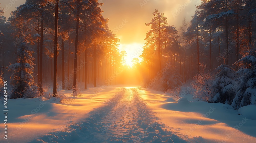 A snowy path through a forest with the sun setting in the distance. A snowy path through a forest with the sun setting in the distance.