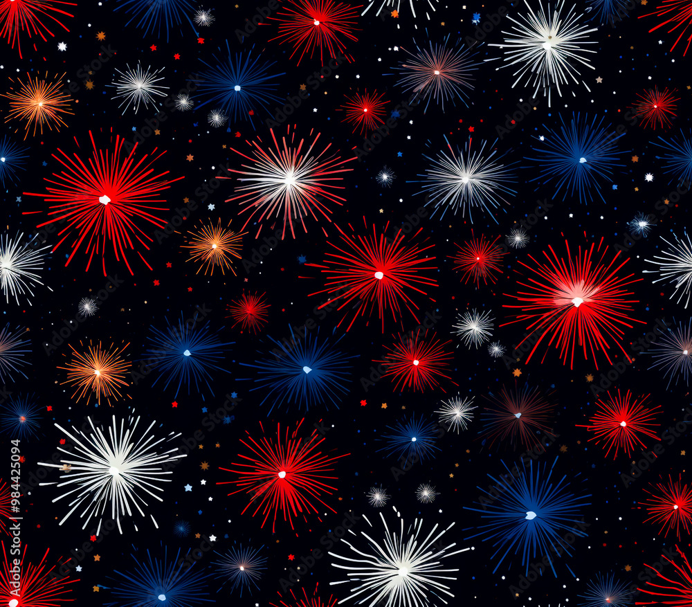 Naklejka premium Seamless pattern with colorful fireworks in the sky. Colorful background for fun festival day.